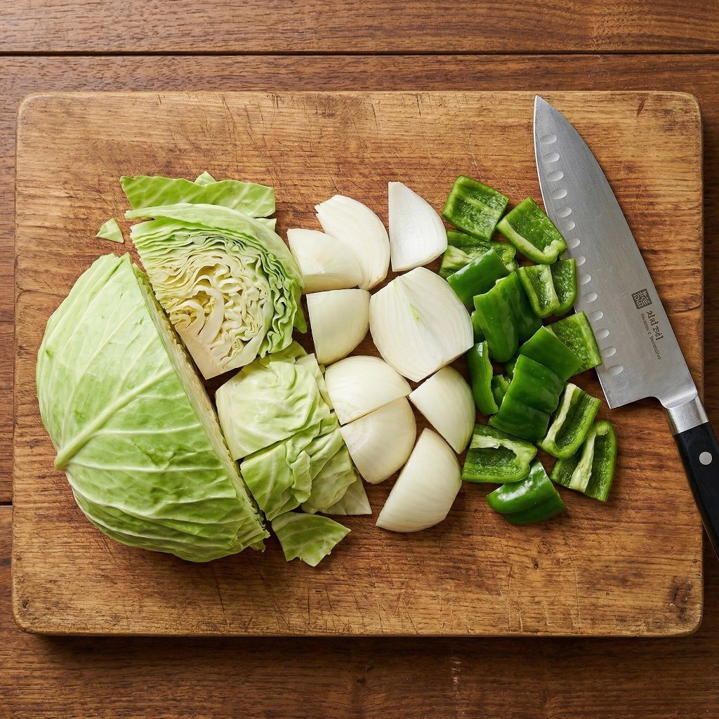 된장 회과육 덮밥 재료 준비: 양배추, 양파, 청피망을 큼직하게 썰어 손질하는 모습