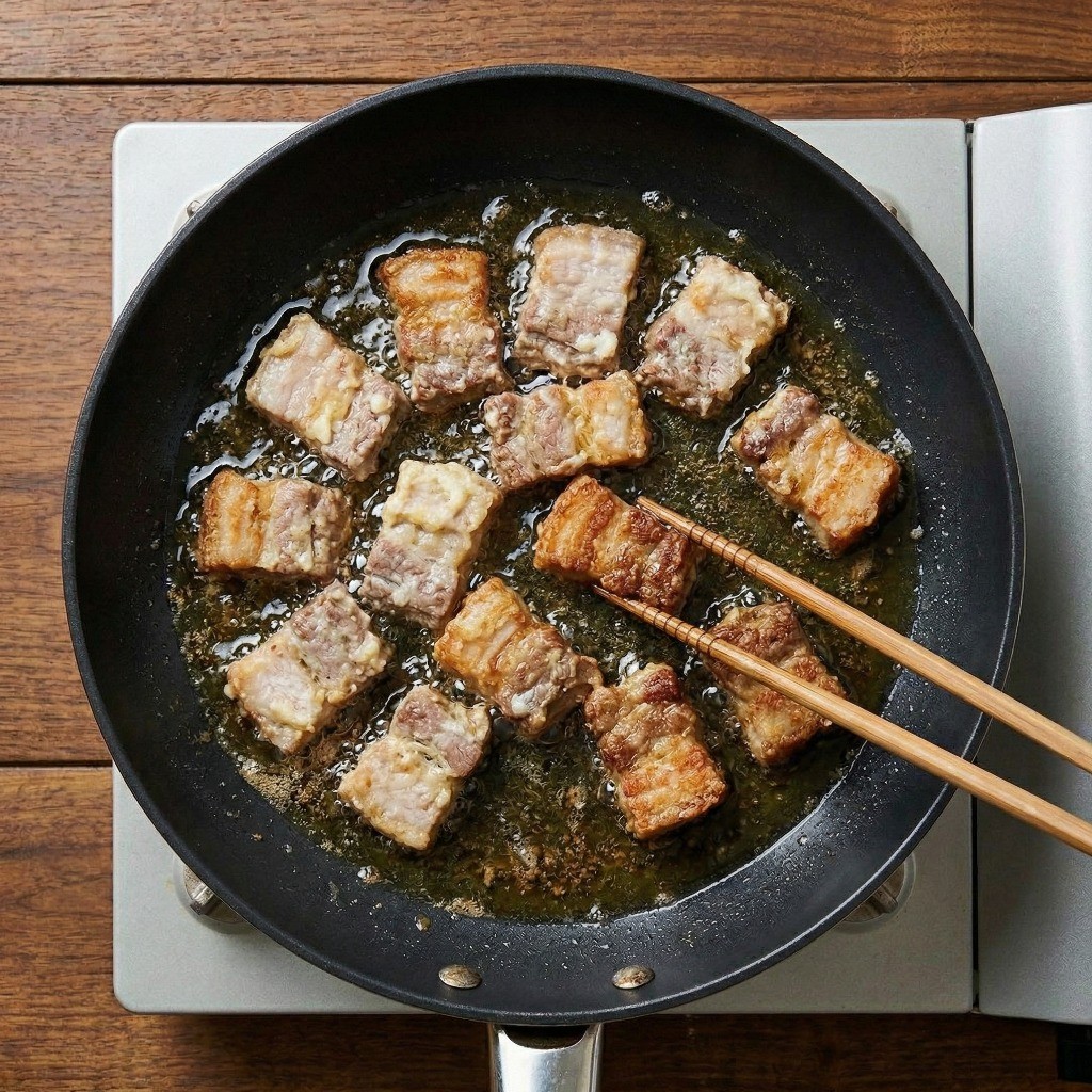 겉바속촉 삼겹살 굽기: 전분과 계란물을 입힌 삼겹살을 넉넉한 기름에 노릇하게 튀겨내는 모습