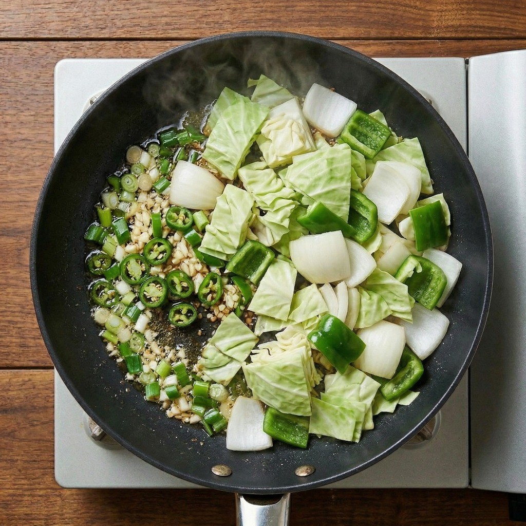 중식 덮밥 불향 입히기: 파, 마늘, 청양고추로 파기름을 낸 후 손질한 채소를 함께 볶는 모습