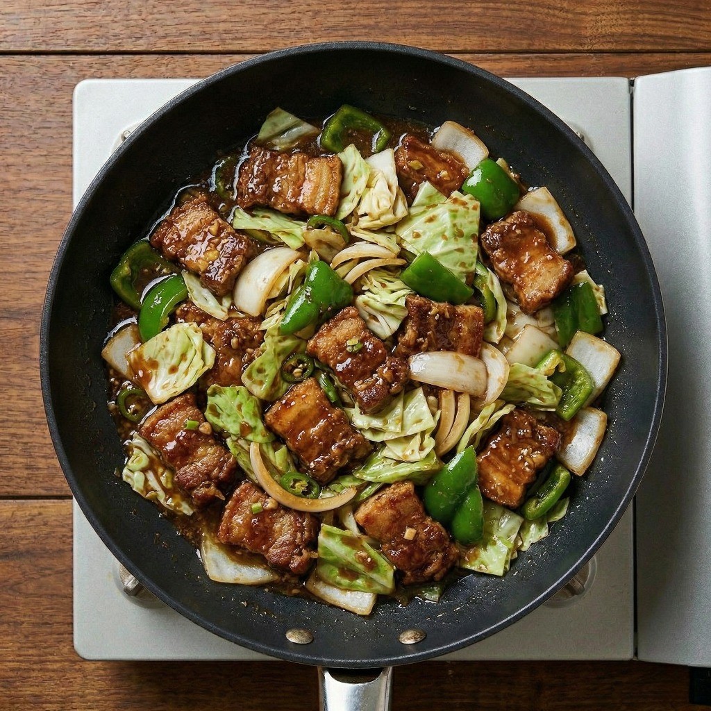 된장 회과육 덮밥 완성 단계: 특제 양념과 볶은 된장 소스에 바삭한 삼겹살을 넣어 먹음직스럽게 버무리는 모습