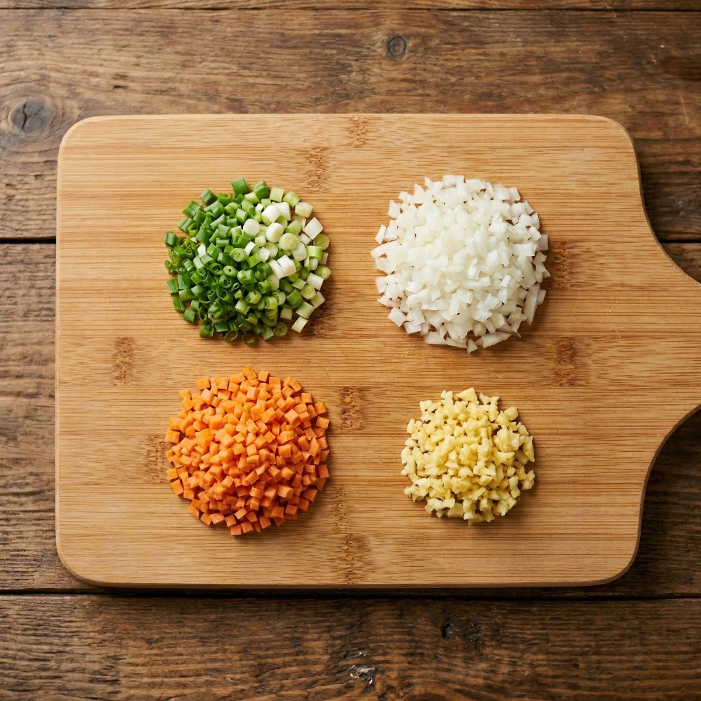 칠리두부 만들기 2단계: 대파, 양파, 마늘, 당근 잘게 다지기
