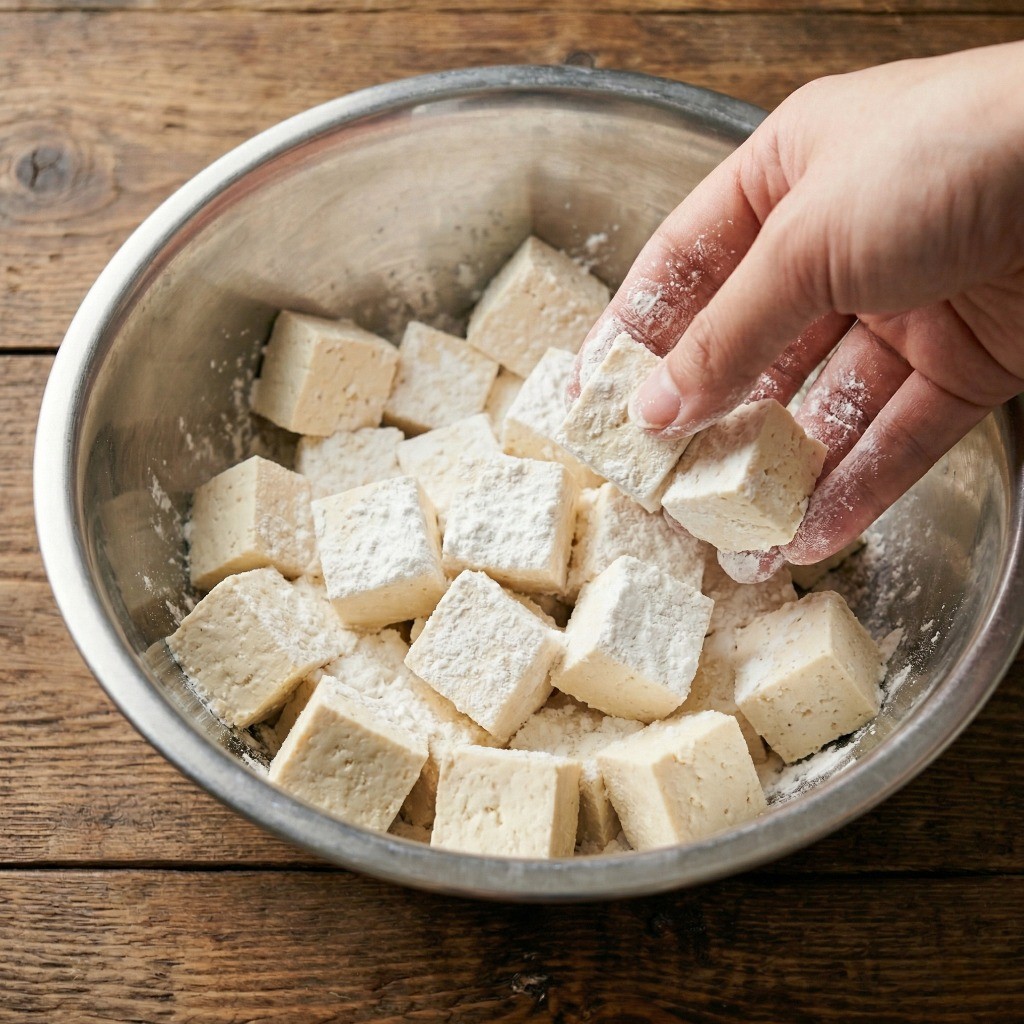 칠리두부 만들기 3단계: 물기 뺀 두부에 감자 전분 골고루 입히기