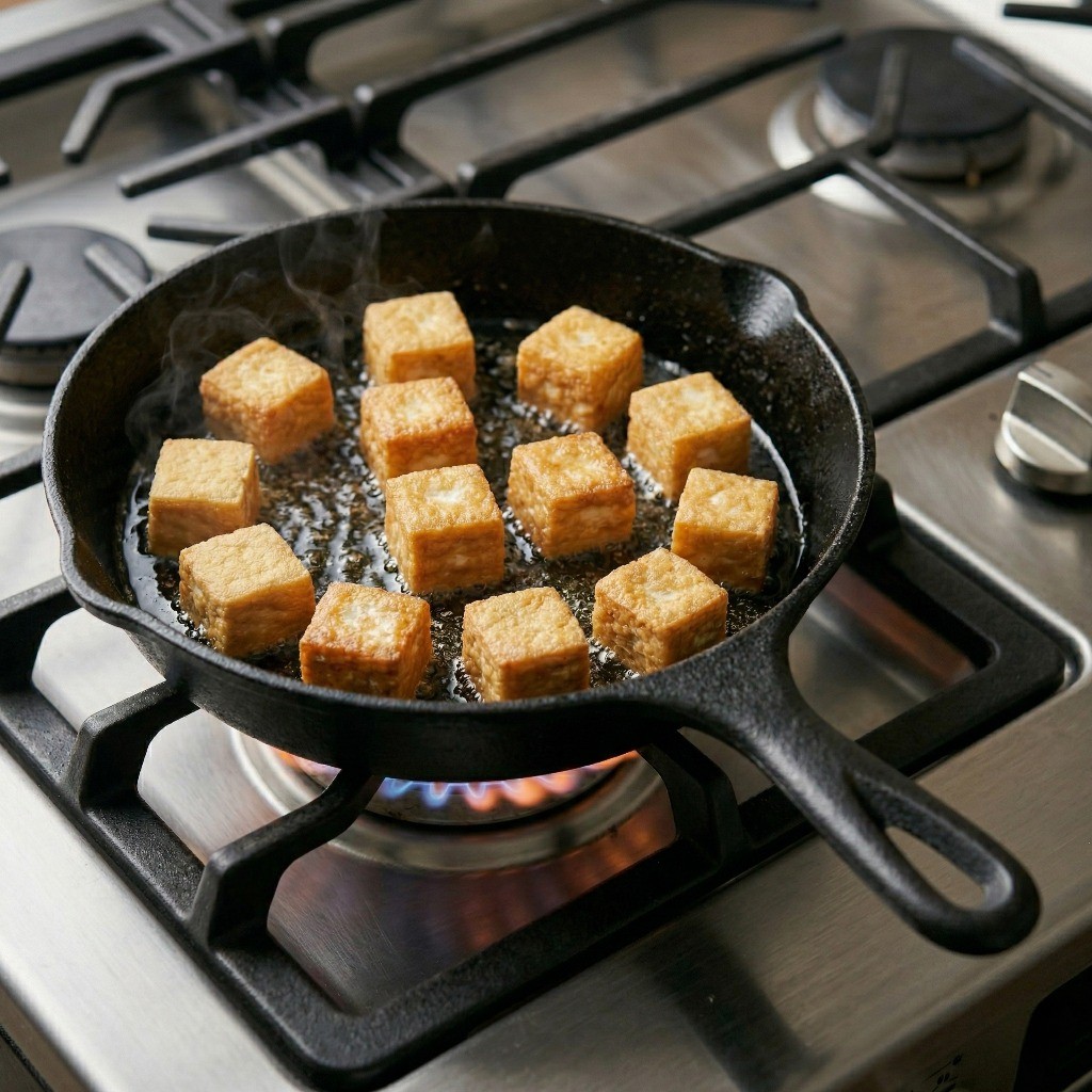 칠리두부 만들기 4단계: 전분 묻힌 두부를 프라이팬에서 바삭하게 튀기듯 굽기