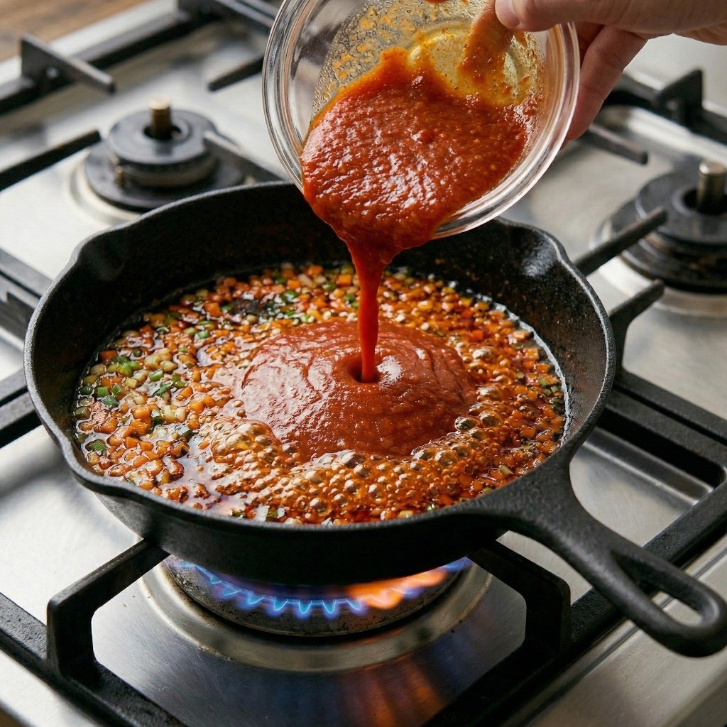 칠리두부 만들기 6단계: 고추기름에 다진 야채를 볶고 칠리소스를 부어 농도 맞추기