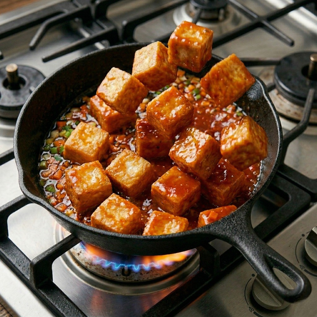 칠리두부 만들기 7단계: 튀긴 두부를 칠리소스에 버무려 파슬리를 뿌린 완성된 칠리두부