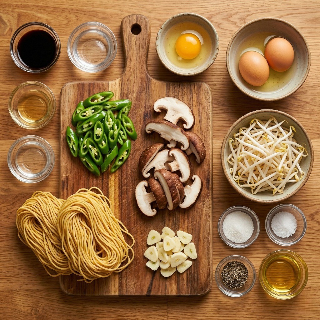 마늘, 꽈리고추, 표고버섯 등 에그누들 볶음면 재료 손질하는 모습