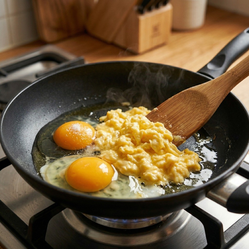 달걀 2개로 부드러운 스크램블 에그를 만드는 조리 과정