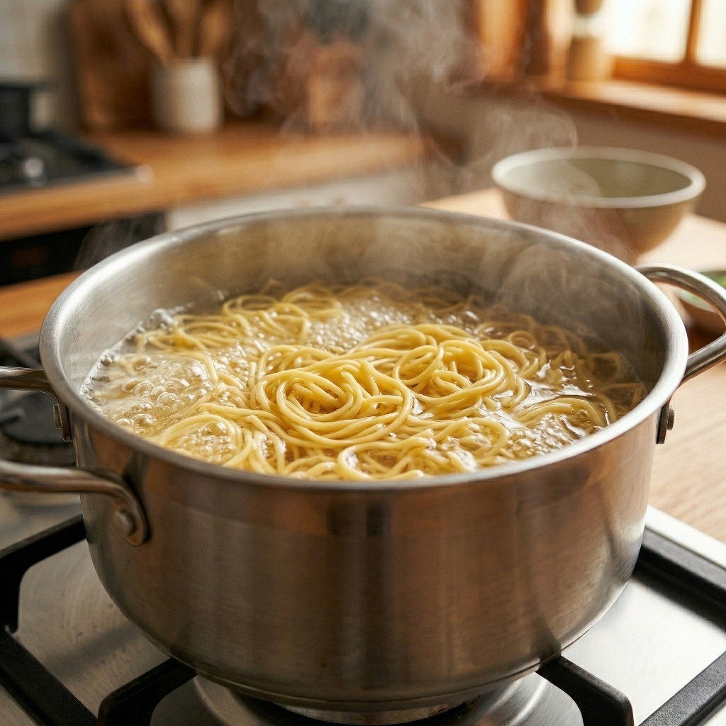 끓는 물에 에그누들을 2분간 꼬들꼬들하게 삶는 모습