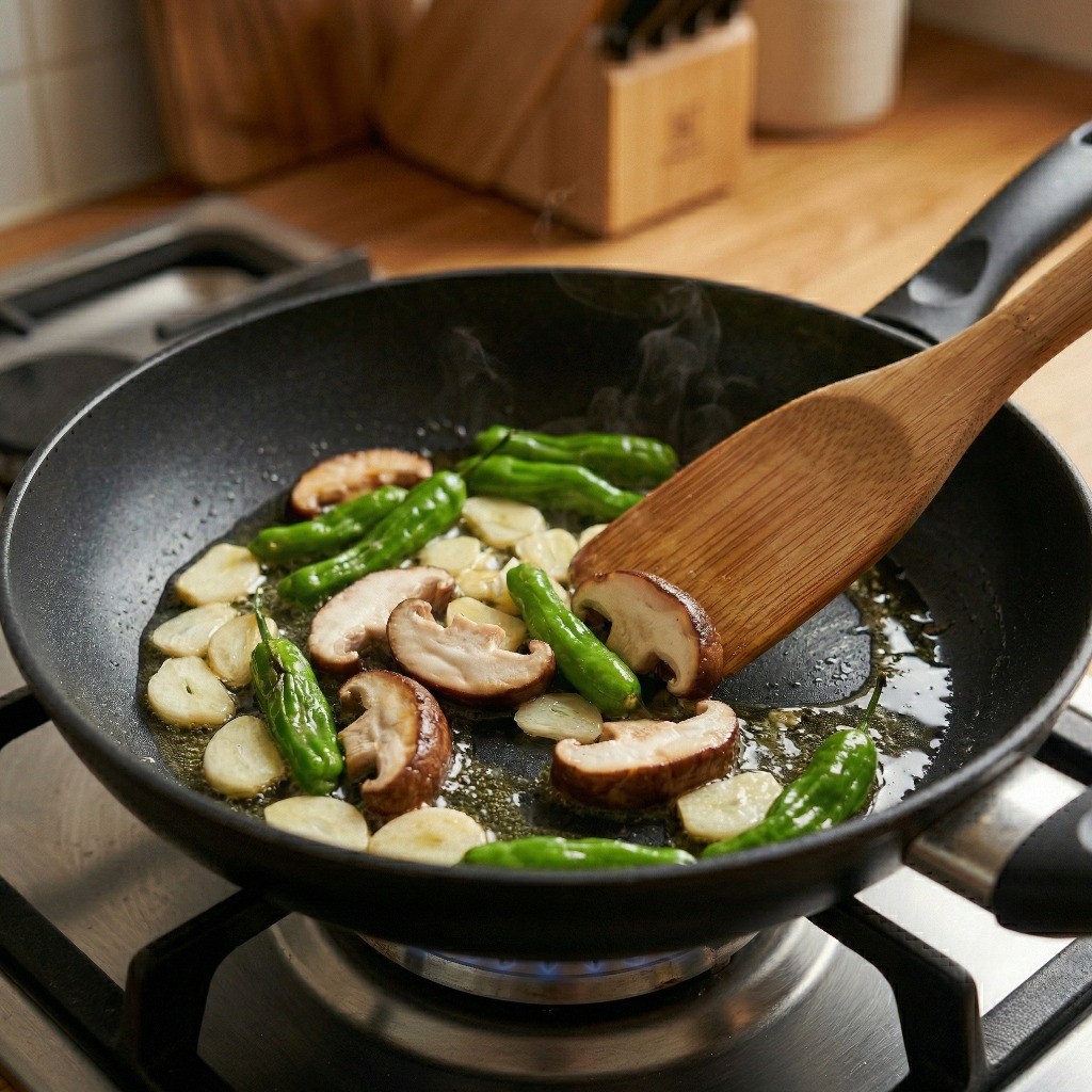 프라이팬에 기름을 두르고 편마늘, 꽈리고추, 표고버섯을 볶는 모습