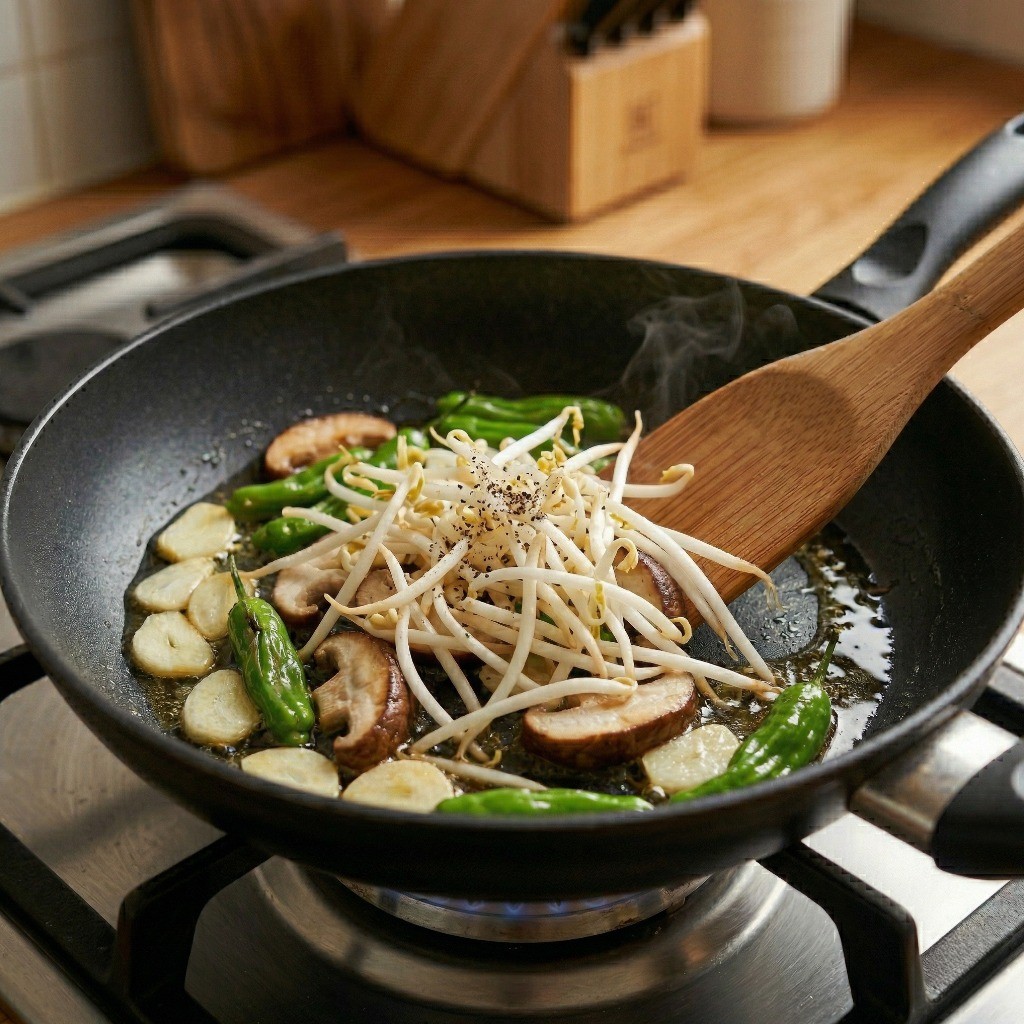 볶은 채소에 아삭한 숙주와 특제 6311 간장 소스를 넣고 볶는 과정