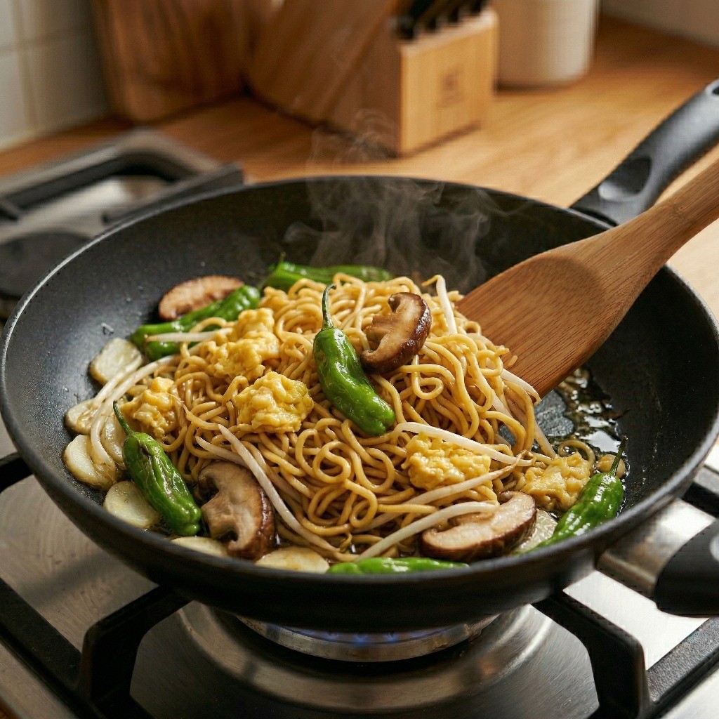 삶은 에그누들과 스크램블 에그를 넣고 소스와 함께 볶아 완성하는 모습