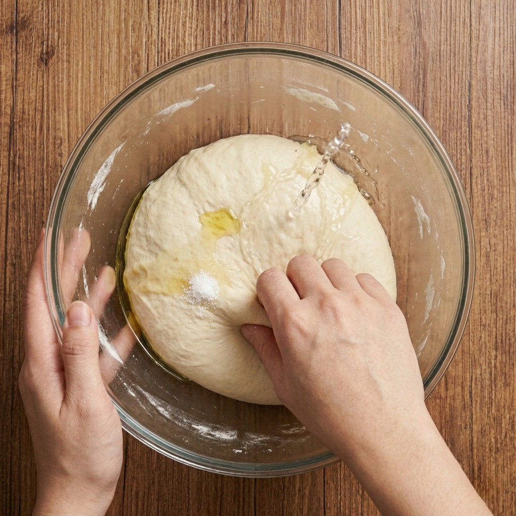 총좌빙 반죽 레시피: 쫄깃한 식감을 위해 밀가루에 뜨거운 물을 붓고 익반죽하는 과정