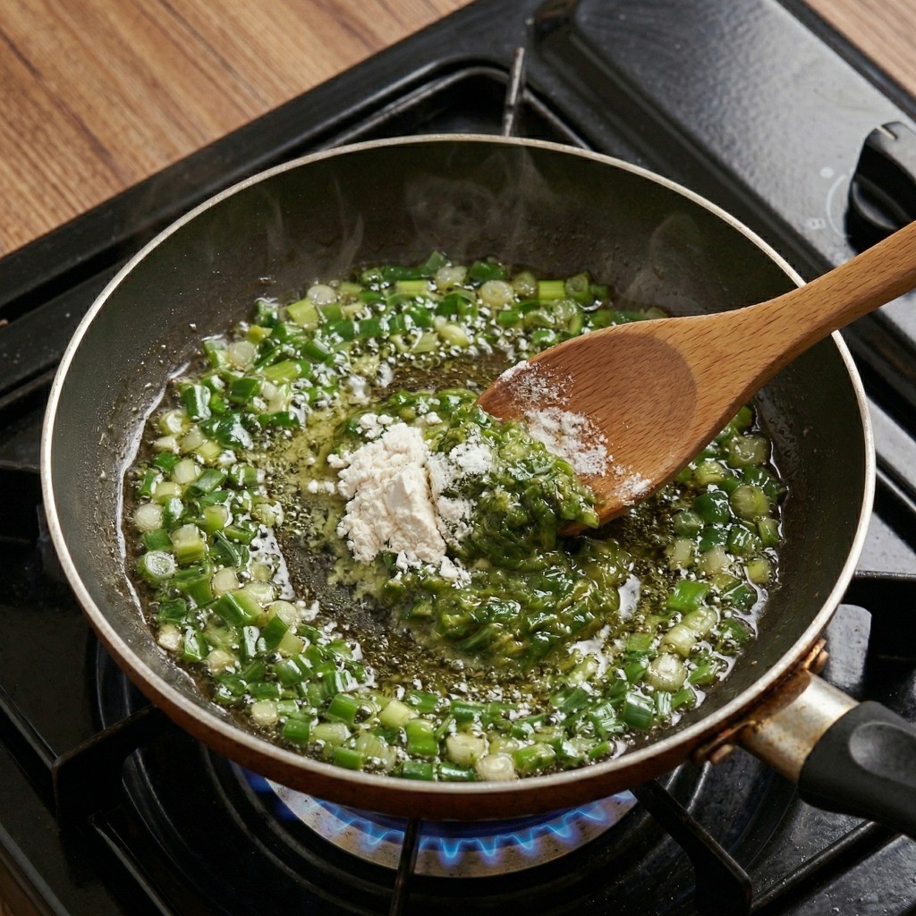 특제 파기름장 만들기: 뜨거운 기름에 잘게 썬 대파를 넣고 볶아 고소한 파향을 내는 모습