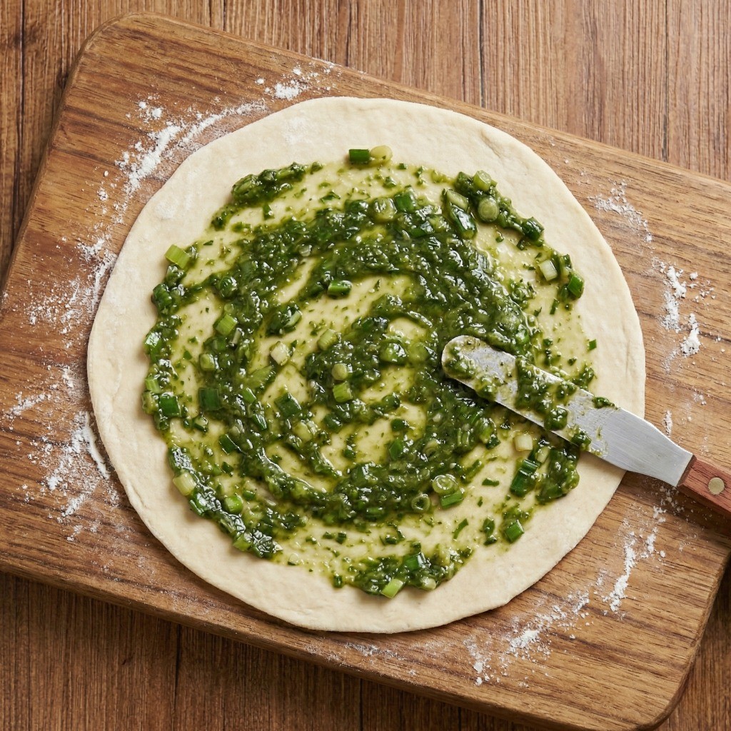 대만 간식 총좌빙 결 만들기: 얇게 편 반죽 위에 만들어둔 파기름장을 넓고 고르게 펴 바르는 과정