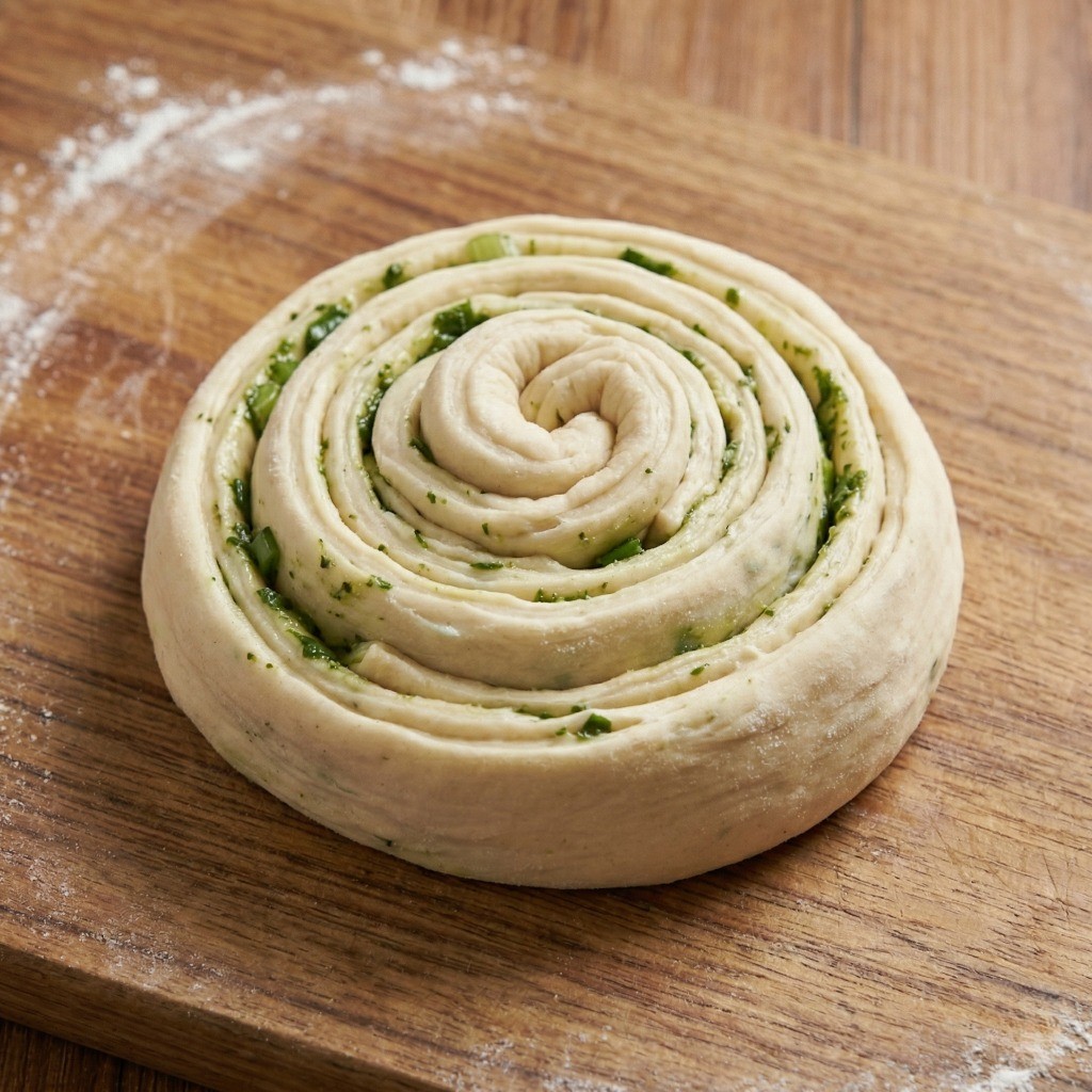 총좌빙 모양 잡기: 겹겹이 찢어지는 페이스트리 결을 만들기 위해 반죽을 달팽이 모양으로 마는 모습