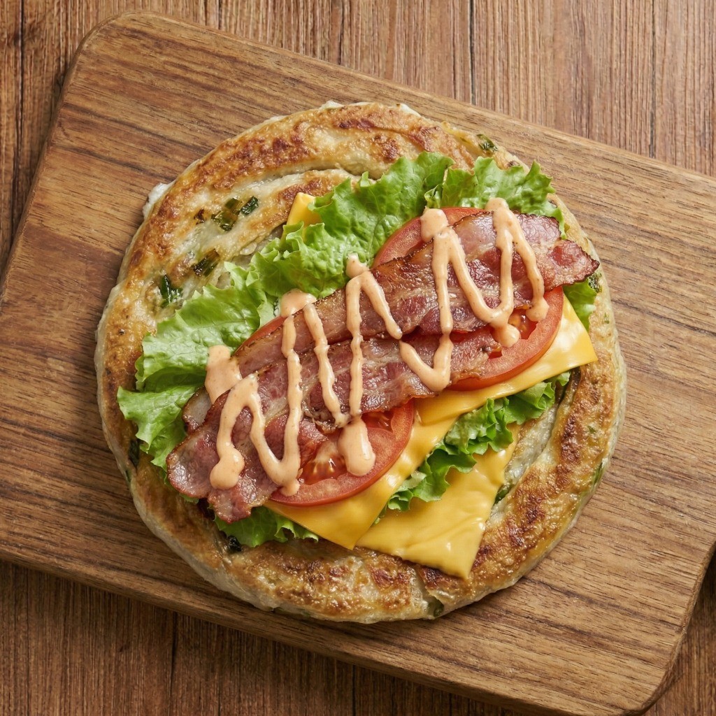 B.L.T 총좌빙 완성: 구워진 파전병 위에 신선한 양상추, 베이컨, 토마토, 스리라차 마요 소스를 얹고 반으로 접은 모습