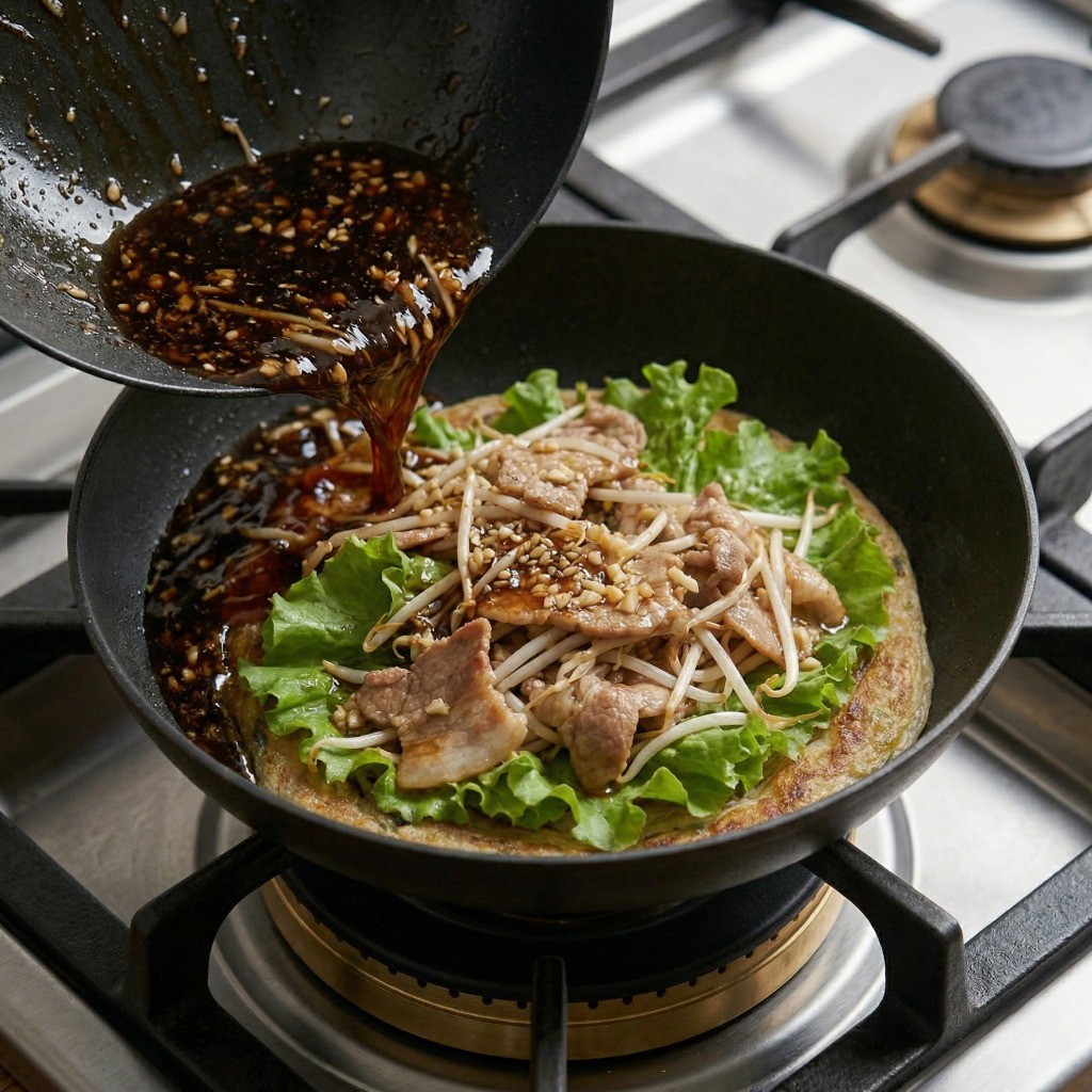 대패숙주볶음 총좌빙 완성: 간장 굴소스로 아삭하게 볶아낸 대패삼겹살과 숙주를 듬뿍 올린 먹음직스러운 모습