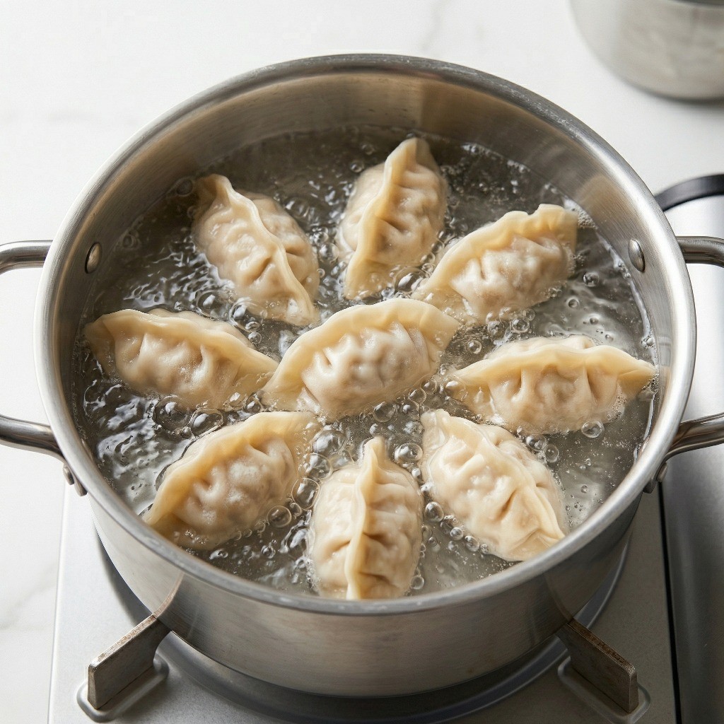 끓는 물에 냉동만두 7알을 삶아 부드럽게 만드는 만두 피자 조리 첫 번째 단계