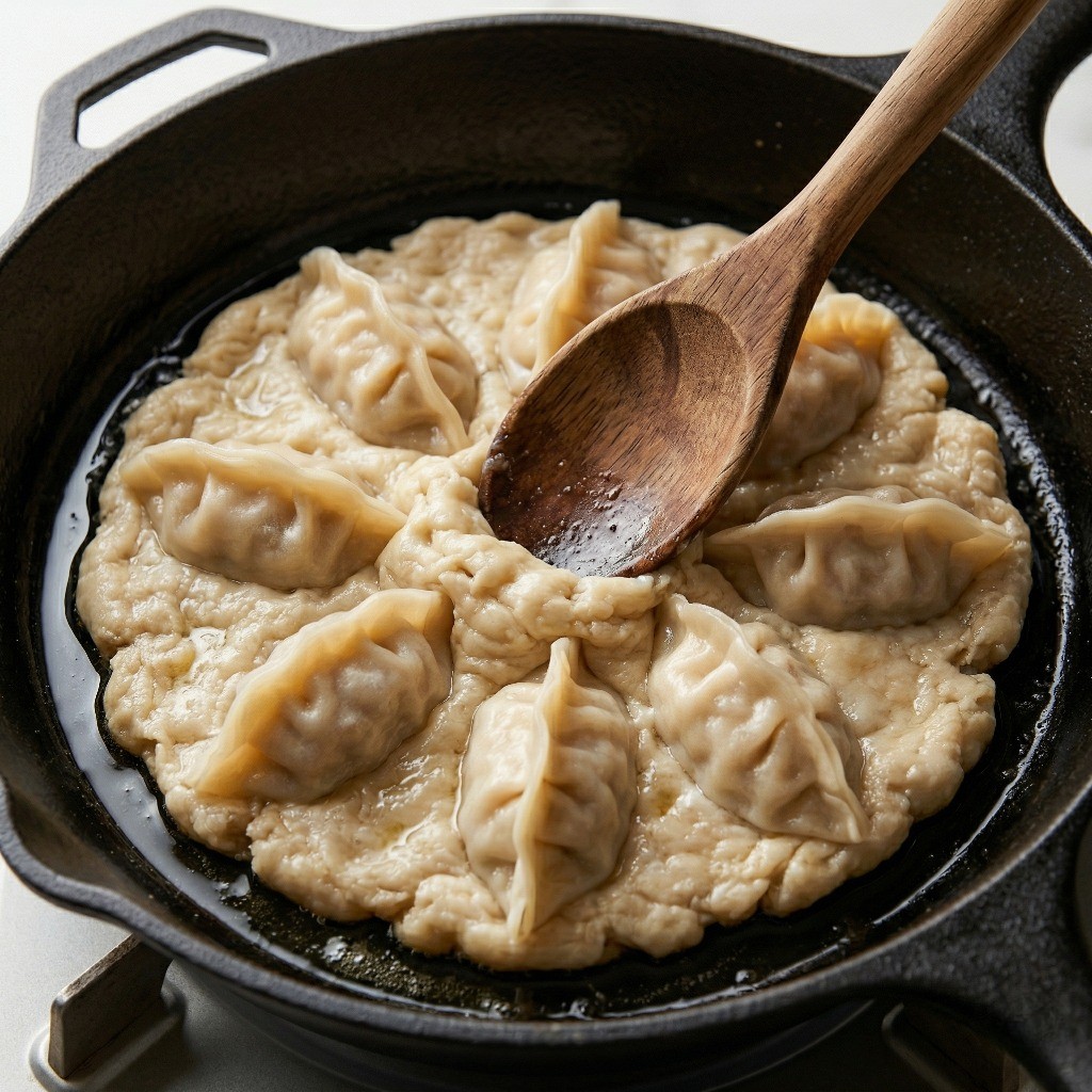 프라이팬 위에서 삶은 냉동만두를 숟가락으로 으깨어 바삭한 피자 도우 모양으로 넓게 펴는 모습