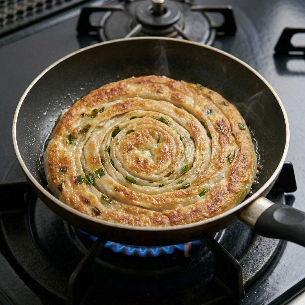 총좌빙 굽기: 납작하게 민 전병을 노릇하게 굽고 풀어둔 계란물을 덮어 하나로 부치는 과정