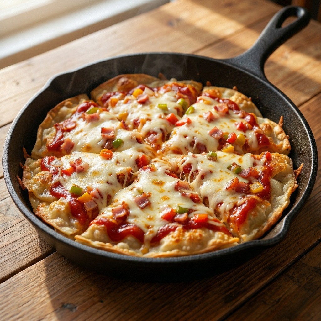 치즈가 사르르 녹아 윗면은 촉촉하고 바닥은 바삭하게 완성된 프라이팬 냉동만두 피자