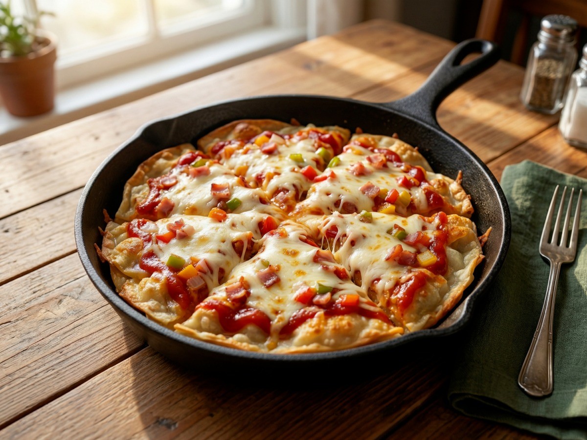 프라이팬으로 만든 이연복 셰프의 초간단 냉동만두 피자, 노릇하게 녹은 모짜렐라 치즈가 듬뿍 올라간 완성 모습