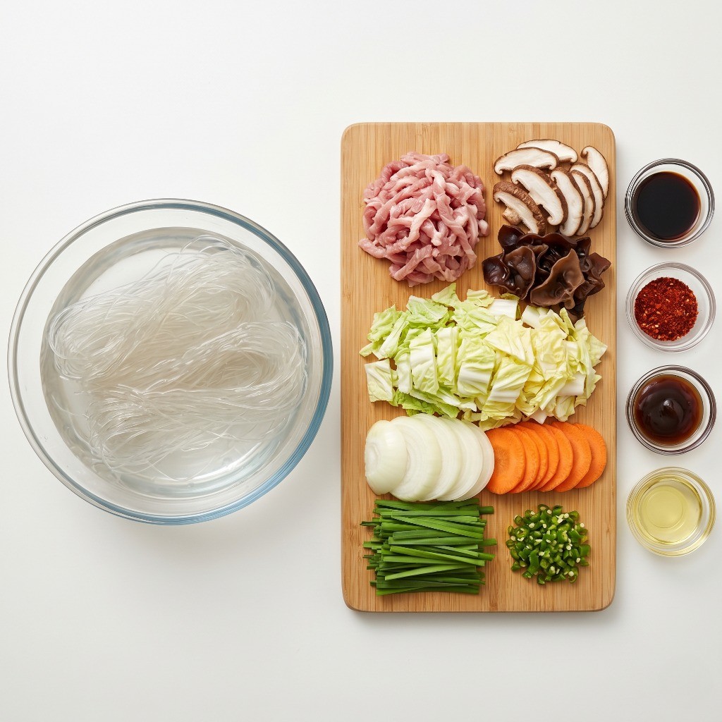 이연복 매운잡채밥 만들기 1단계 - 찬물에 당면 불리기 및 배추, 양파 등 야채 손질