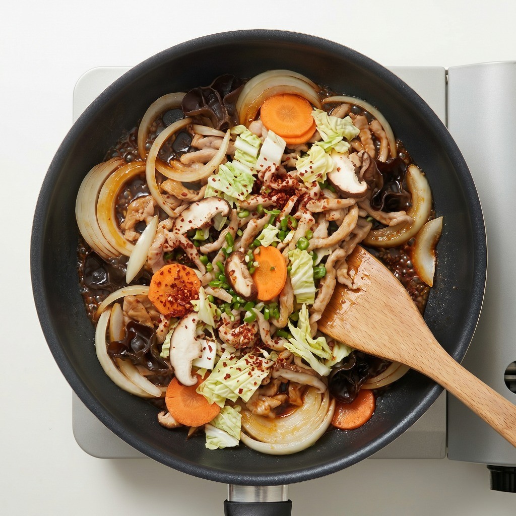 당면요리 매운잡채밥 5단계 - 불린 당면과 굴소스를 넣어 감칠맛을 더해 볶는 과정