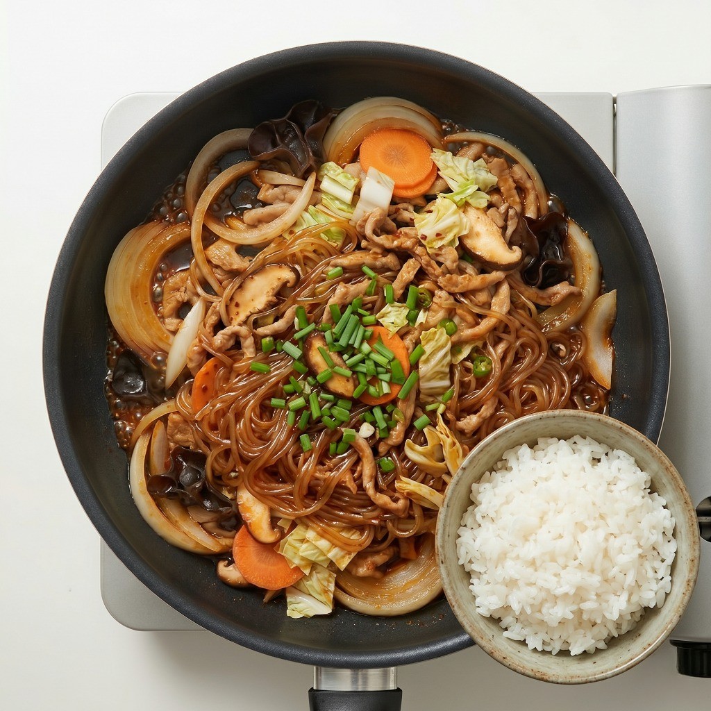 한그릇 요리 매운잡채밥 완성 - 물을 추가해 촉촉하게 볶은 잡채를 밥 위에 올린 모습