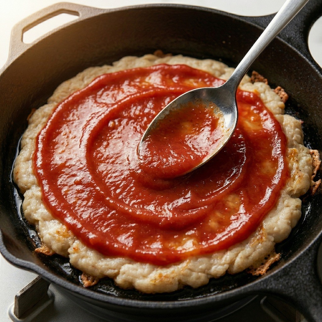 노릇하게 구워진 만두 도우 위에 토마토케첩을 듬뿍 골고루 펴 바르는 조리 과정