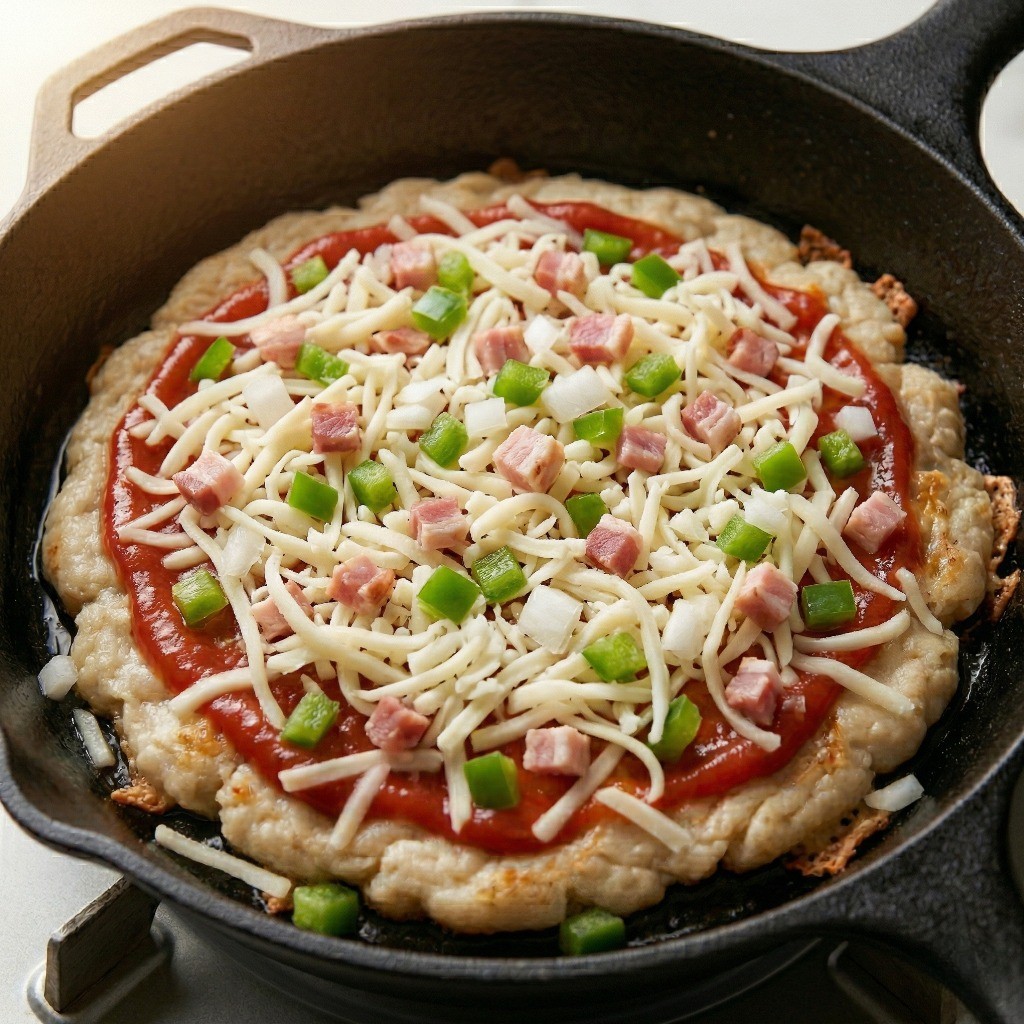 케첩을 바른 만두 도우 위에 모짜렐라 치즈와 각종 토핑을 아낌없이 얹은 냉동만두 피자 레시피