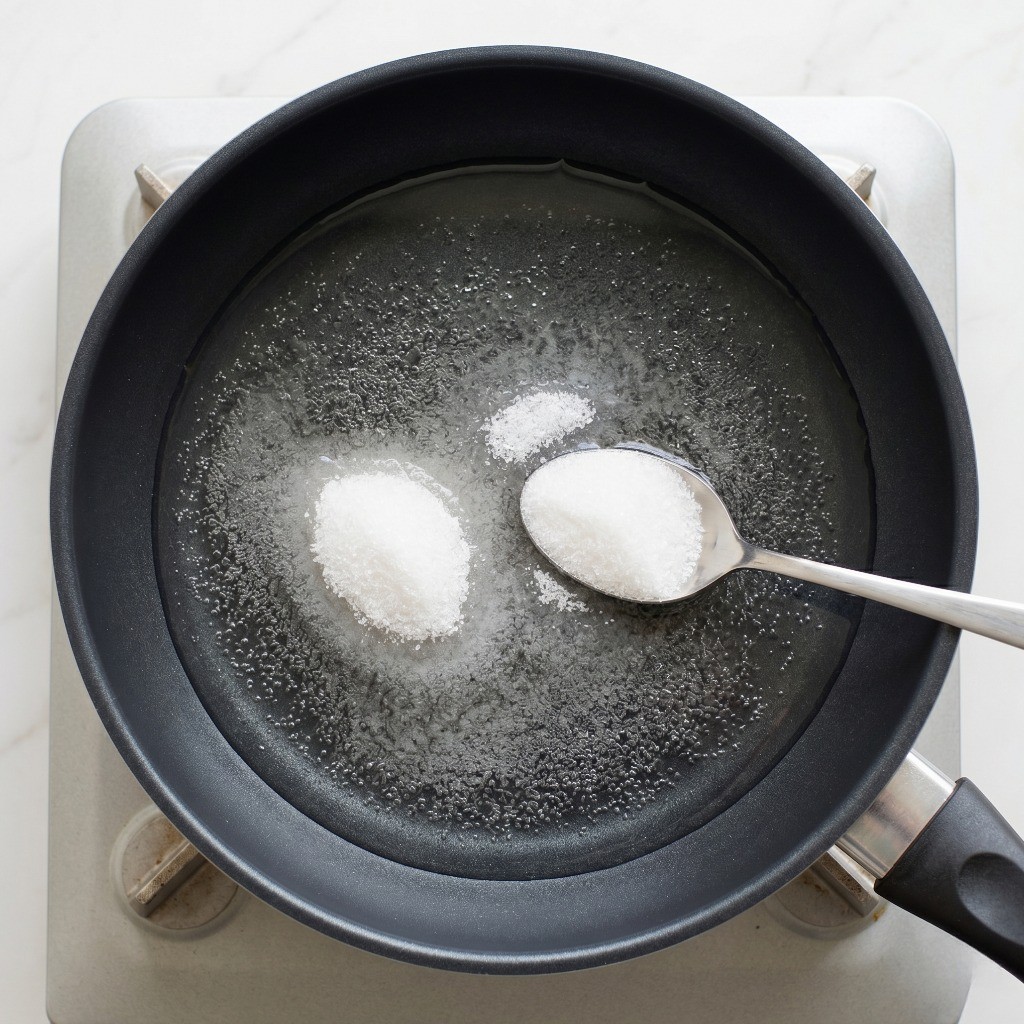 짜장 라볶이 레시피 1단계: 팬에 물 500ml와 설탕 2큰술을 넣는 모습