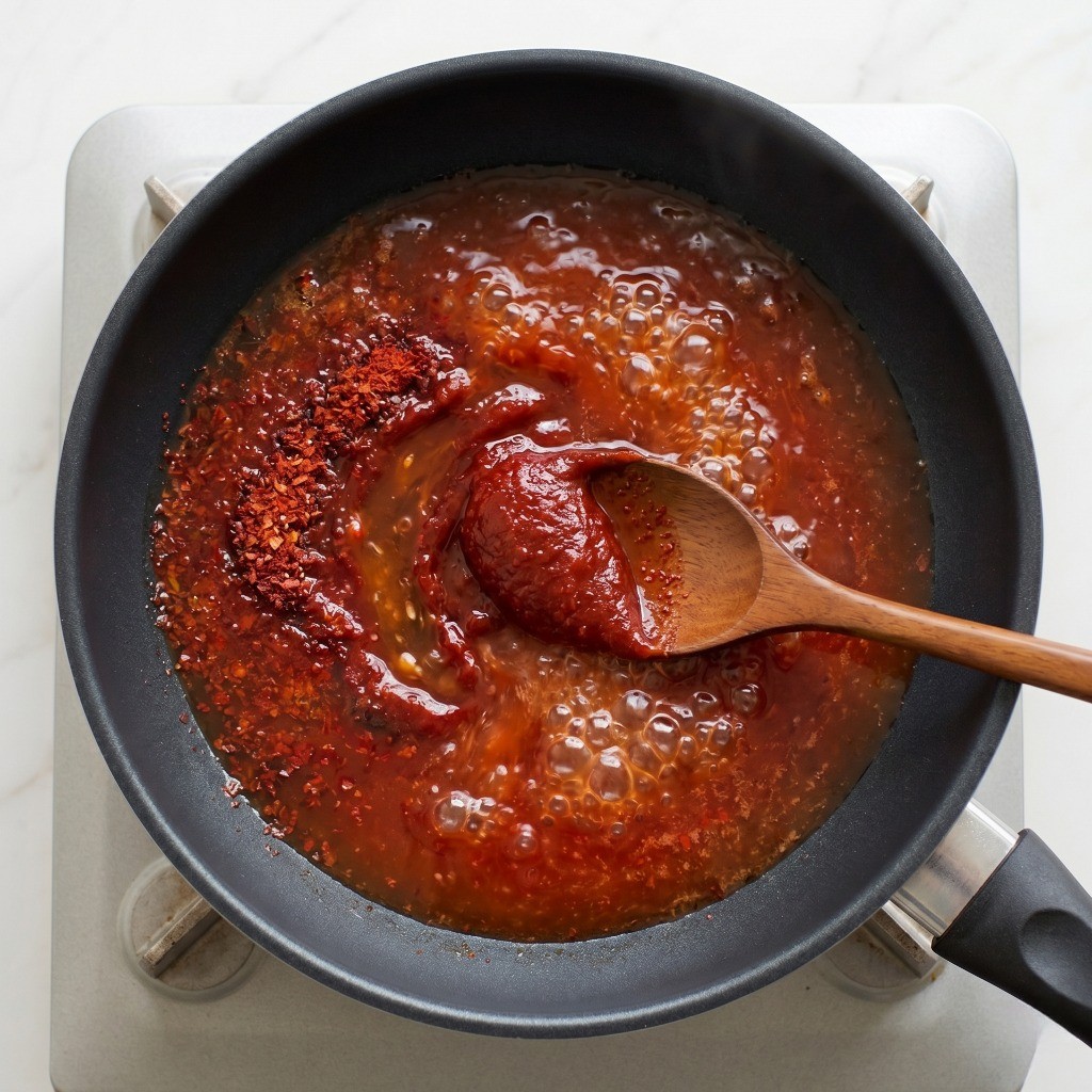 짜장 라볶이 레시피 2단계: 끓는 물에 고추장 1큰술과 고춧가루를 풀어 매콤한 국물 베이스를 만드는 과정