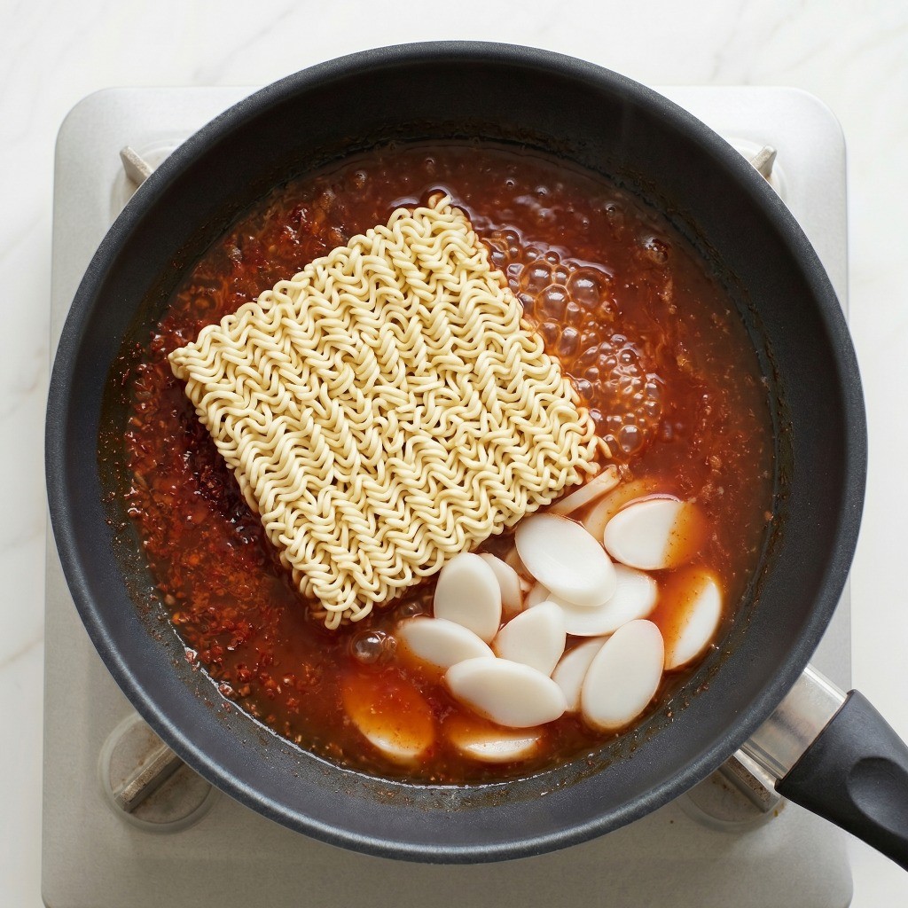 짜장 라볶이 레시피 3단계: 매콤한 국물에 떡국떡과 짜장라면 면발을 넣고 끓이는 모습