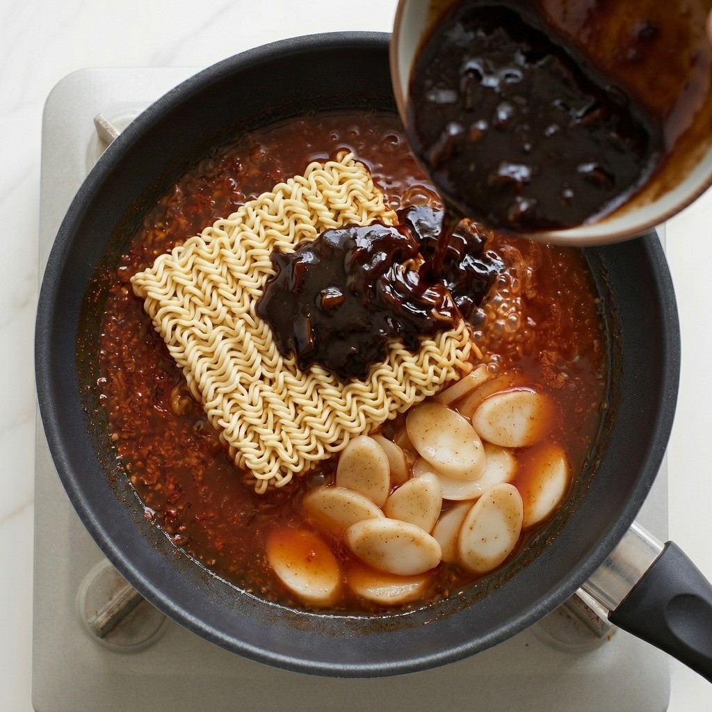 짜장 라볶이 레시피 4단계: 면이 익어갈 때 액상 짜장 소스를 넣고 골고루 섞어주는 모습