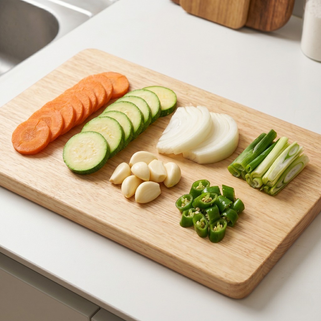 두반장 오리볶음에 들어갈 당근, 애호박, 양파, 대파 등 야채 손질하는 과정