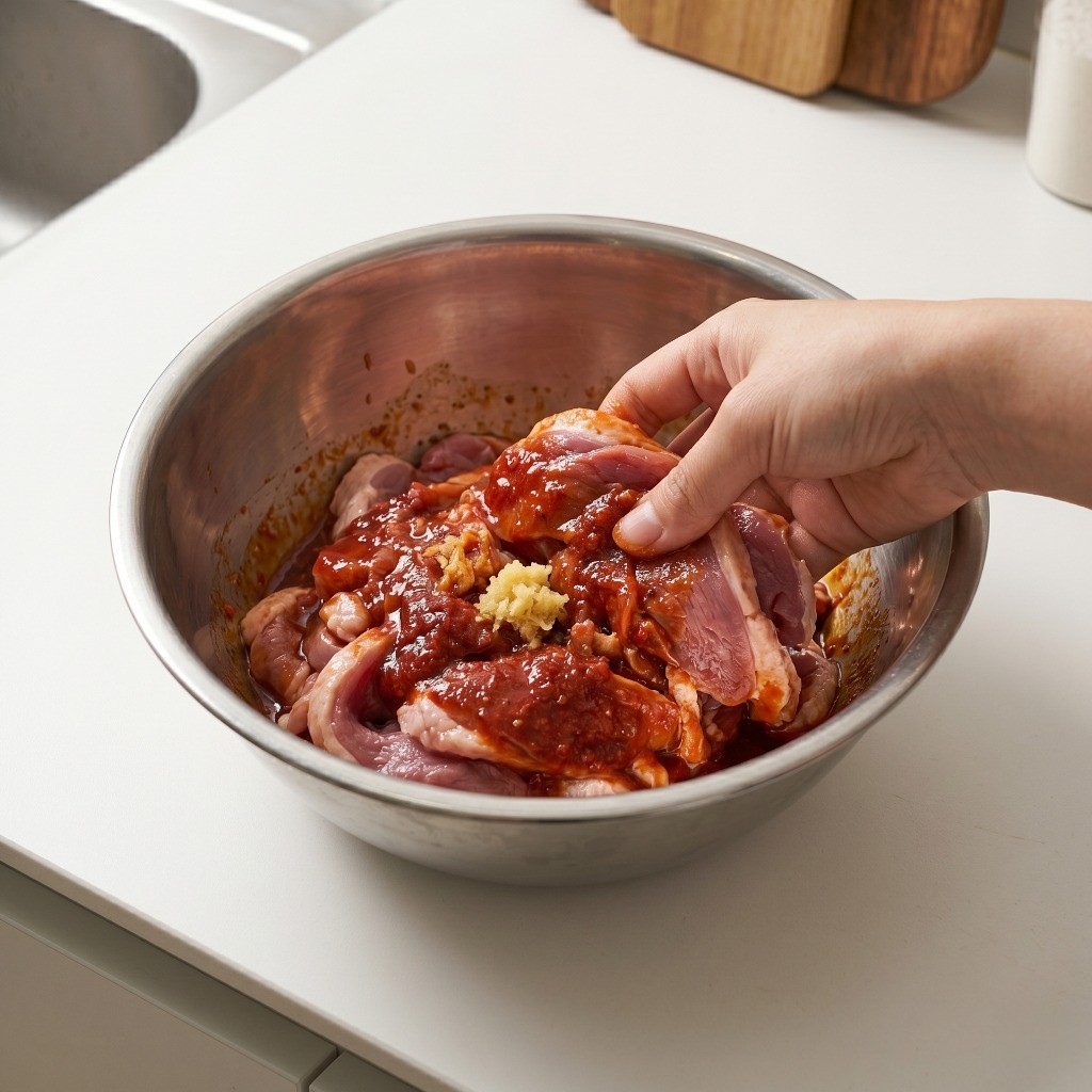 생오리고기에 두반장, 굴소스 등 중식 스타일 양념을 넣고 밑간하여 버무리는 모습