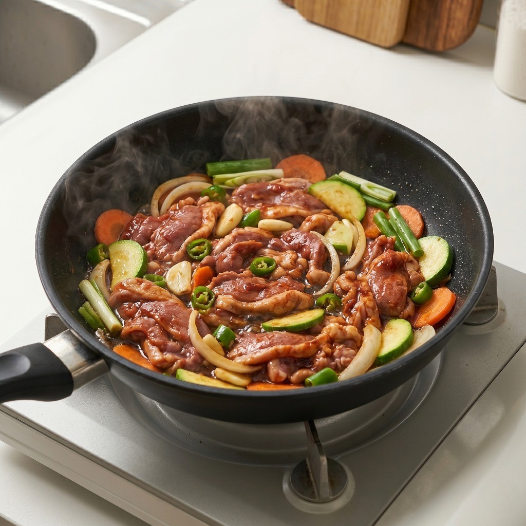 프라이팬에 밑간한 오리고기와 야채를 넣고 간장 소스와 함께 강불에서 달달 볶는 과정