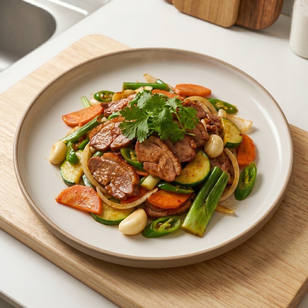 완성된 이연복 두반장 오리볶음을 그릇에 예쁘게 담고 향긋한 고수를 곁들인 플레이팅