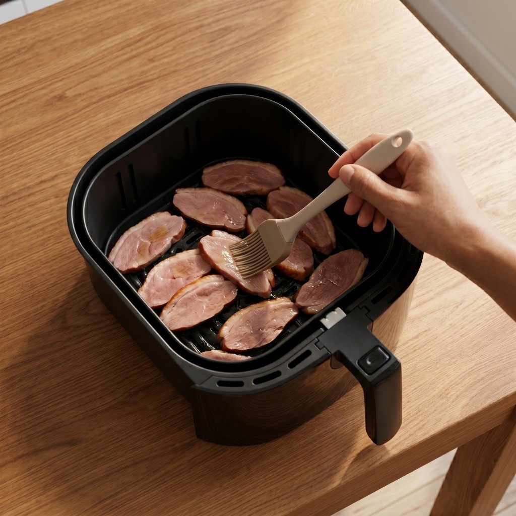 에어프라이어 바스켓에 식용유를 바른 훈제오리를 넣고 200도에서 초벌구이 하는 과정