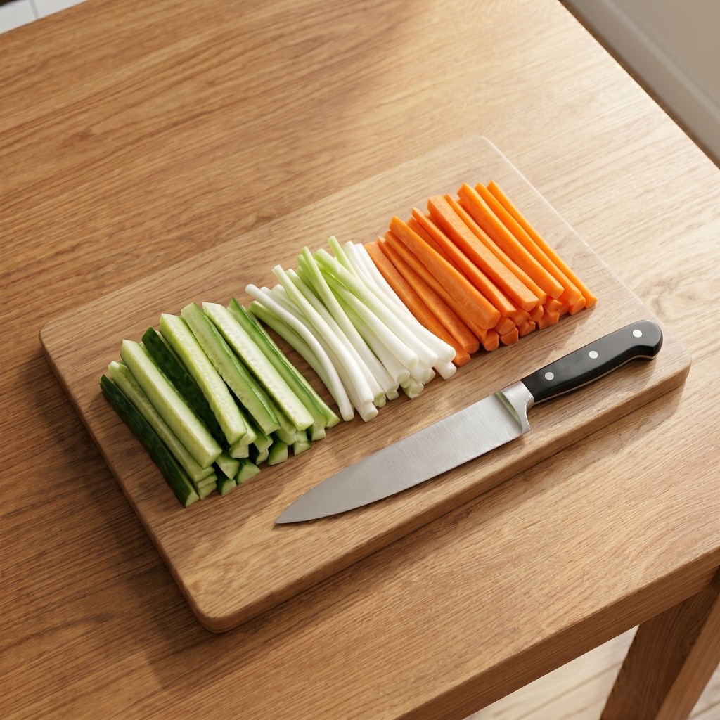 베이징덕과 함께 곁들여 먹기 위해 오이, 대파 흰 부분, 당근을 일정한 크기로 채 썰어 준비한 모습