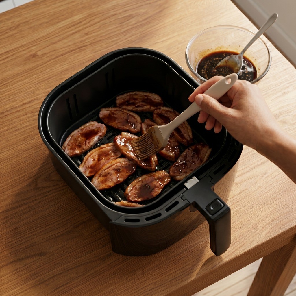 초벌된 훈제오리 껍질에 오향분 간장 소스를 듬뿍 바른 후 에어프라이어에 2차로 구워 바삭함을 살리는 과정