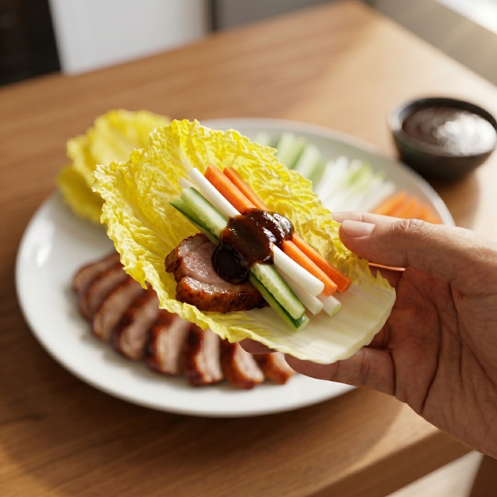 먹기 좋게 썬 훈제오리와 알배추, 채소, 특제 소스를 함께 세팅하여 완성한 먹음직스러운 베이징덕 플레이팅