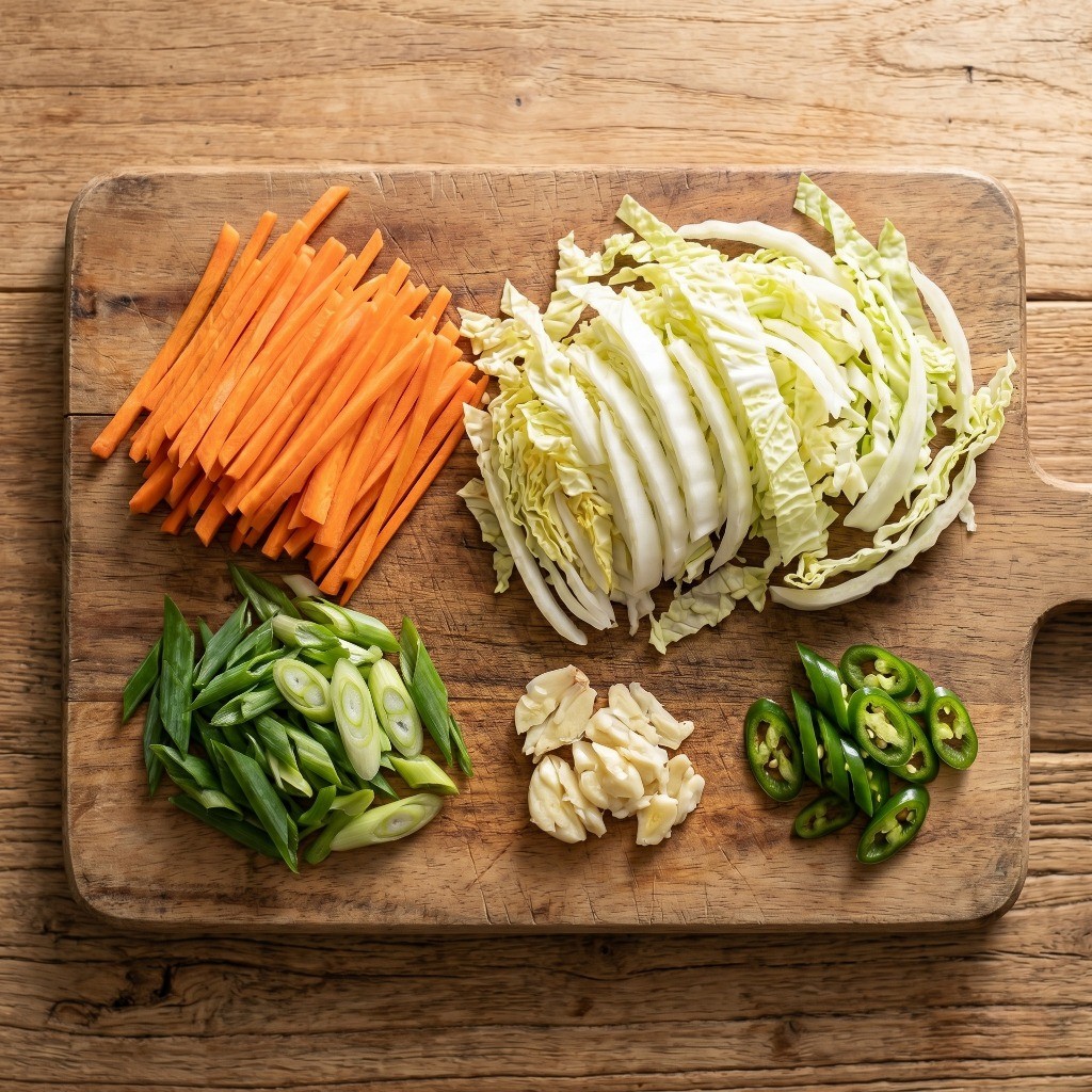 이연복 크림짬뽕 레시피 1단계: 대파, 마늘, 당근, 양파, 배추 등 채소 손질하는 모습