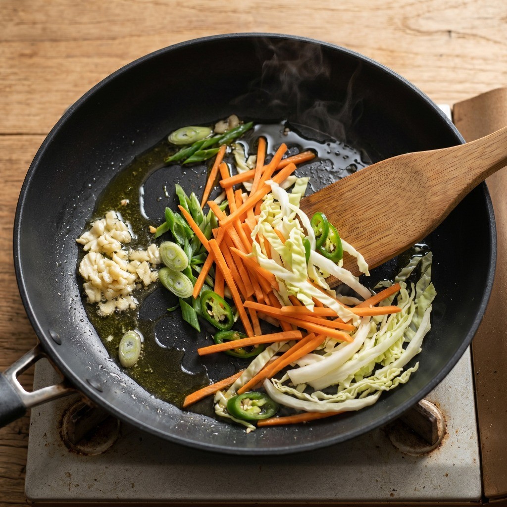 이연복 크림짬뽕 레시피 2단계: 파마늘 향을 내고 준비한 채소를 볶는 모습