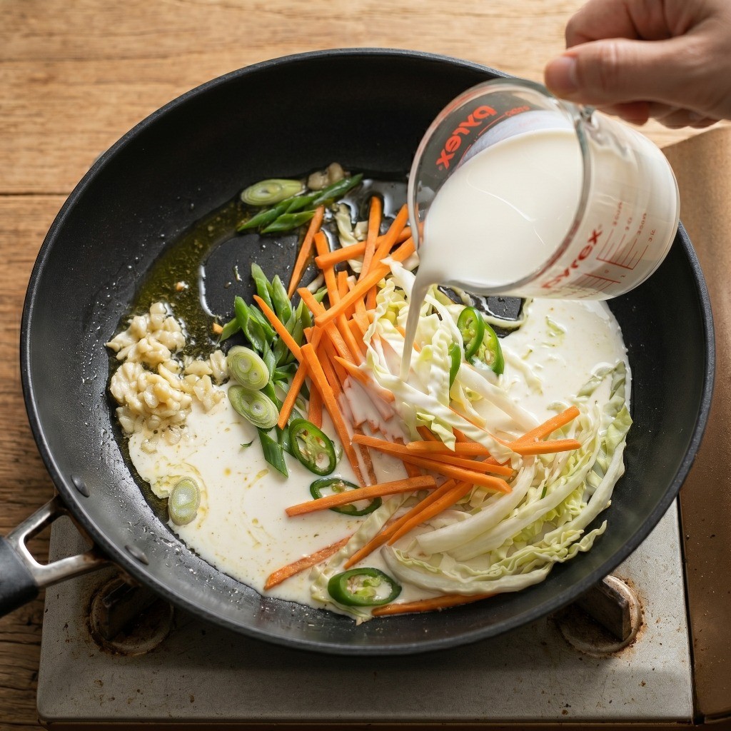이연복 크림짬뽕 레시피 3단계: 볶은 채소에 우유와 생크림을 부어 베이스를 만드는 모습