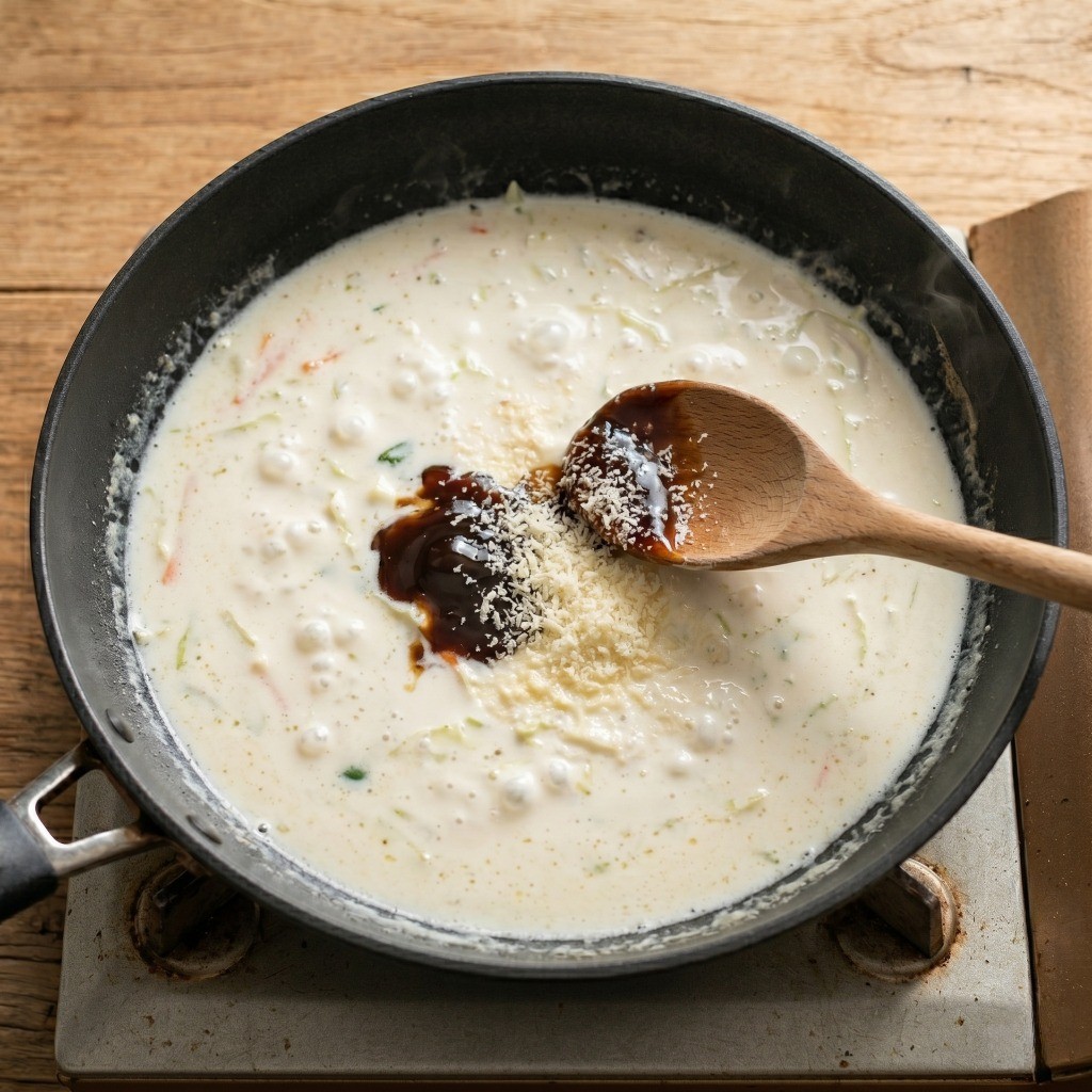 이연복 크림짬뽕 황금비율 소스: 굴소스, 참치액젓, 파마산 치즈가루로 간을 맞추는 모습