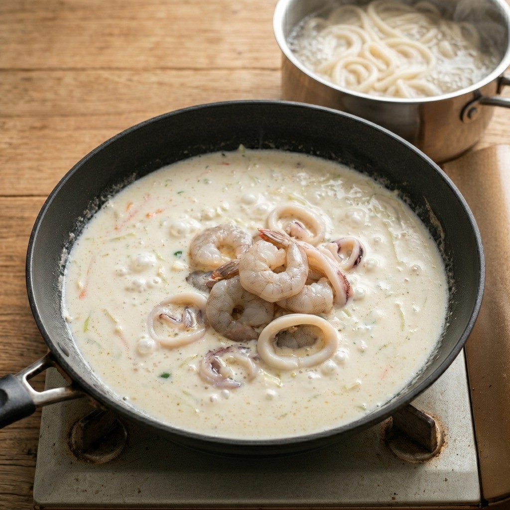 이연복 크림짬뽕 레시피 5단계: 면을 삶고 크림소스에 해물 믹스를 넣어 끓이는 모습