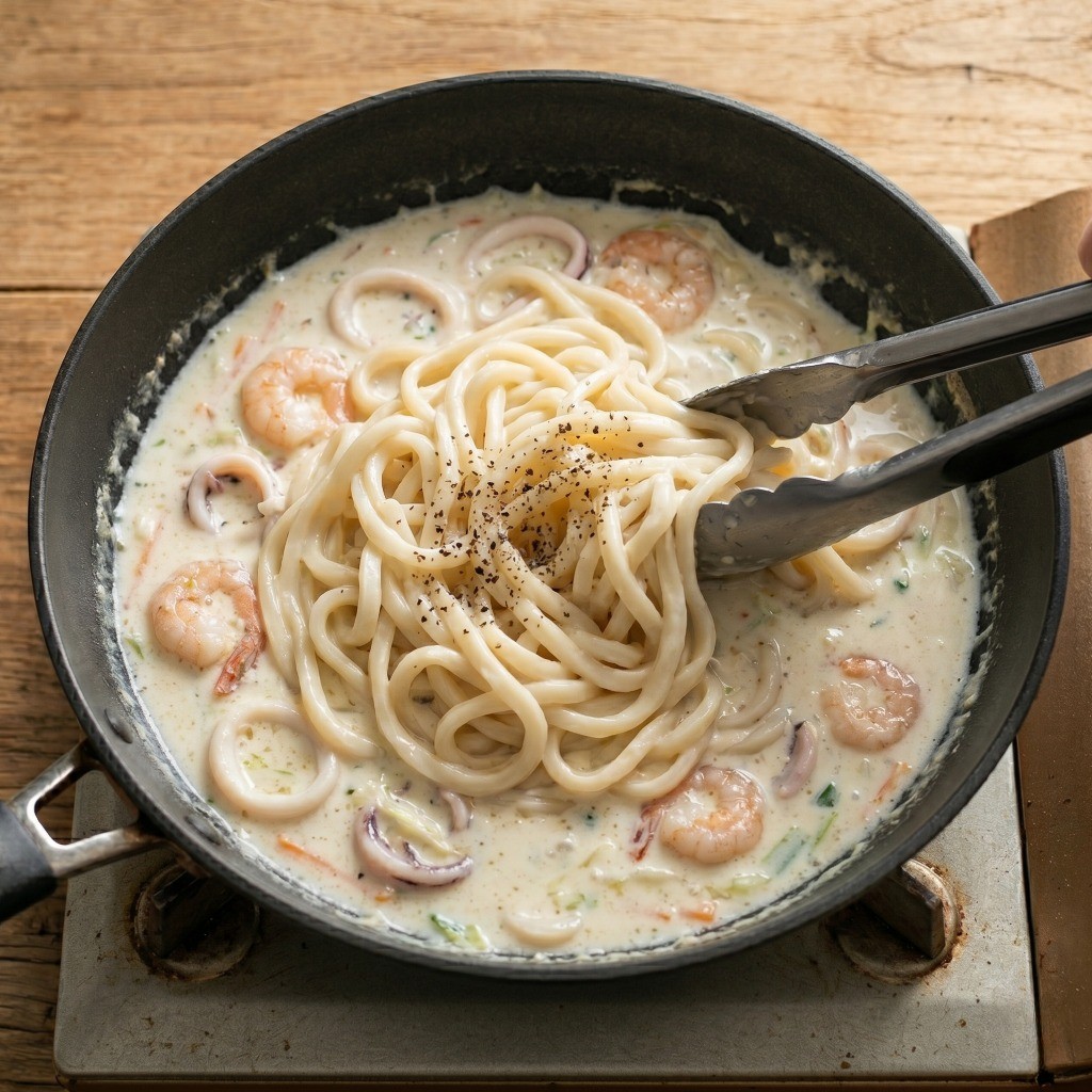 이연복 크림짬뽕 완성 단계: 삶은 면을 꾸덕한 크림소스에 버무리는 모습