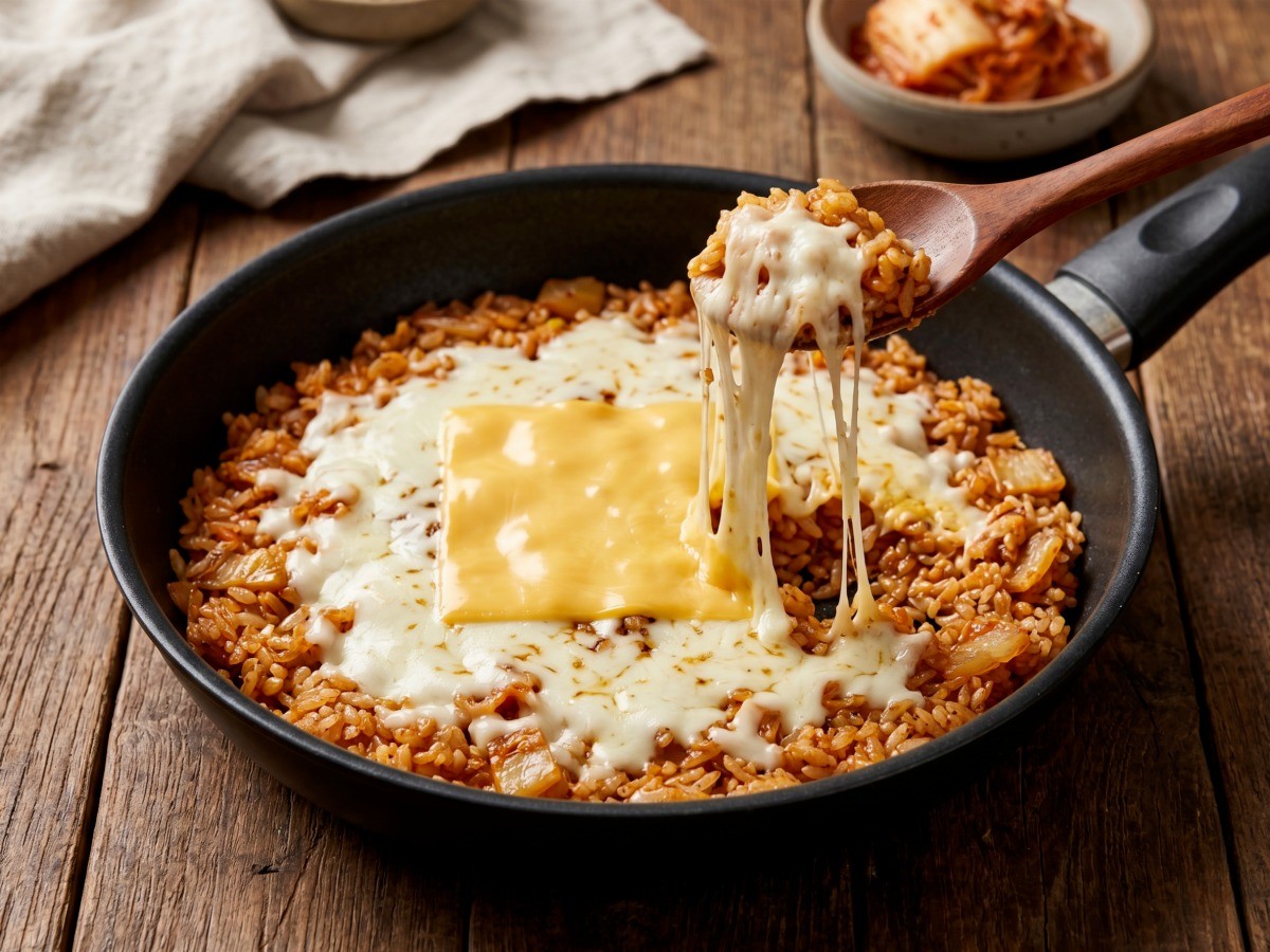 프라이팬으로 완성한 바삭한 이연복 치즈 김치볶음밥 누룽지 완성 모습